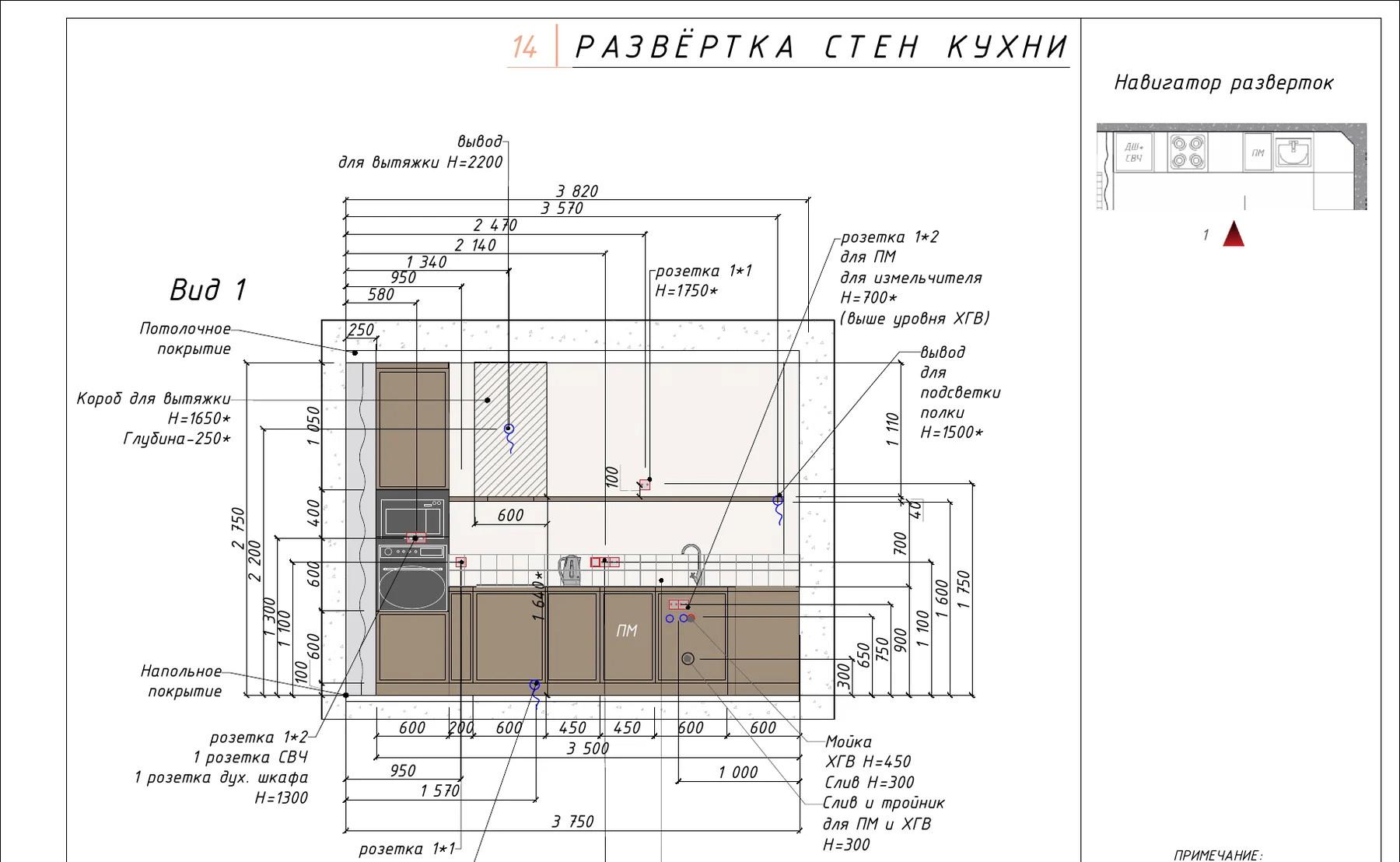 Развёртка стен кухни проекта Красная Пресня